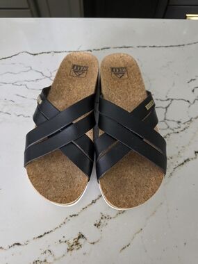 Reef Black Crisscross Cork Slide Sandals, Size 8